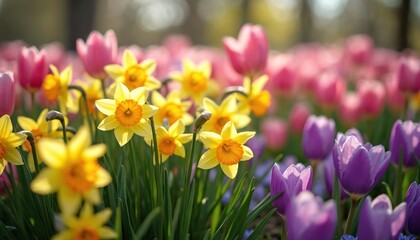 Obraz premium Spring flowerbed view. Many colorful fresh tulips daffodils and crocuses bloom in sunlight. Floral pattern in botanical garden. Flower blossom in spring time season. Garden bed has different flowers.