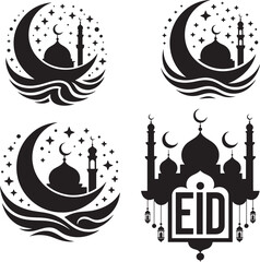 Elegant islamic crescent moon and mosque design with starry night backdrop