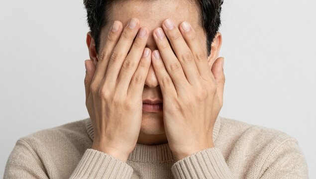 Unrecognizable man covering face with both hands closing eyes feeling stress or shame isolated