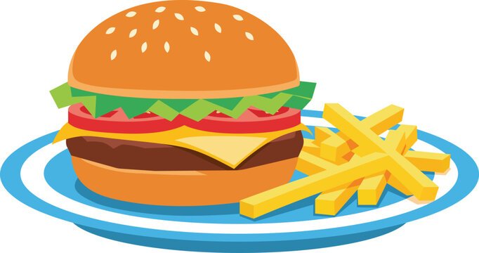 Cartoon hamburger and french fries on a blue plate