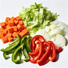 Vibrant mix of freshly prepped vegetables like carrots, lettuce, onions, and peppers.