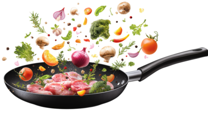 Frying pan with ingredients in motion for healthy cooking and tasty meal preparation, isolated on a transparent background