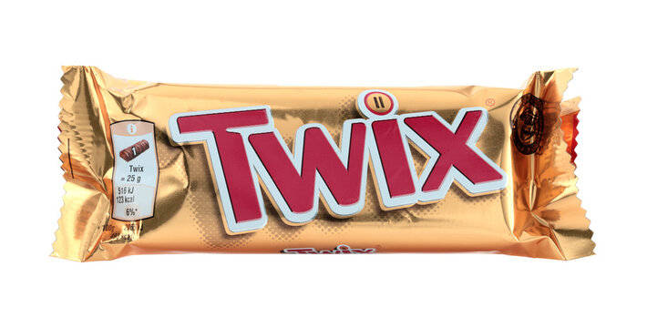 Twix chocolate bar in package, isolated on transparent background. Twix is a caramel shortbread chocolate bar made by Mars, Inc.