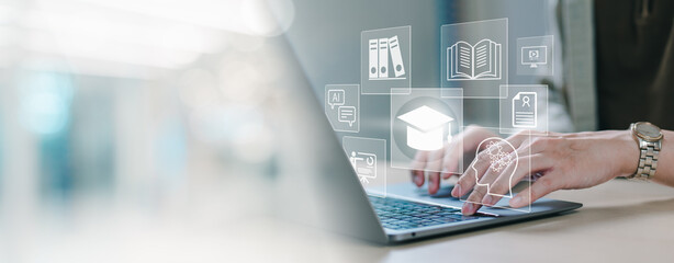 Concept of Online education. man use Online education training and e-learning webinar on internet for personal development and professional qualifications. Digital courses to develop new skills.