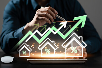 Real estate market growth concept showing rising house icons with percentage signs and upward arrows, symbolizing property investment trends, housing prices increase, mortgage rates, real estate.