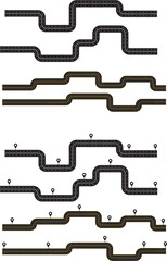 City road and highway top view. Transport icons. Aerial view of asphalt street and Road from above with footpaths and crossroads. Circle, Roundabout and curve roadway parts of single and double roads.