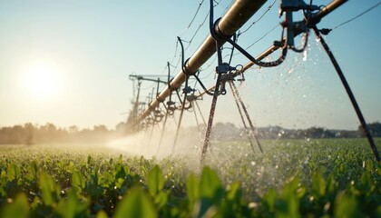 Center pivot irrigation system waters green crops in a sunlit field. Sprinklers spray water droplets over young plants. Modern farm tech aids growth for better harvests. Farming is efficient.