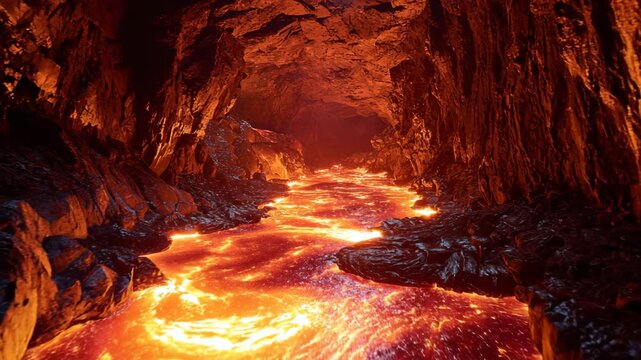 4K Molten lava river flowing through a dark volcanic cave with glowing orange and red magma and rocky walls video