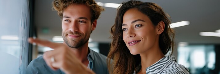 Caucasian young adults collaborating in modern office environment