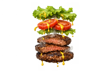 Deconstructed flying beef hamburger with lettuce, tomato, and mustard sauce dripping, transparent background