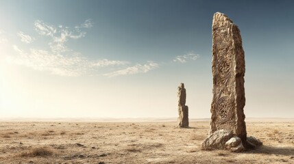 Fototapeta premium Exploring an Ancient Civilization With Weathered Stone Architecture and Carved Symbols Under a Warm Desert Light