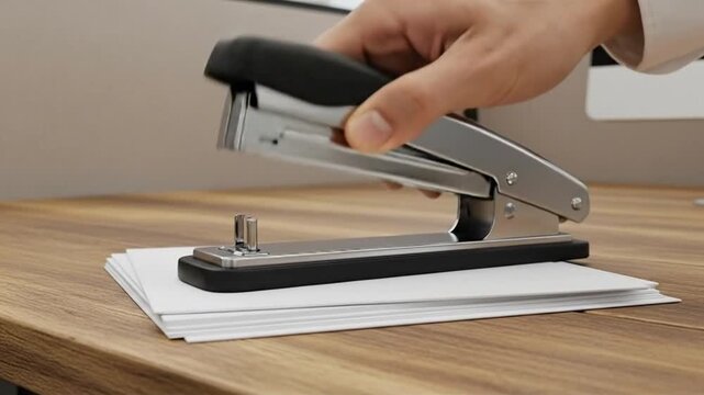 Close-up of a hand stapling documents on a wooden desk in an office setting.