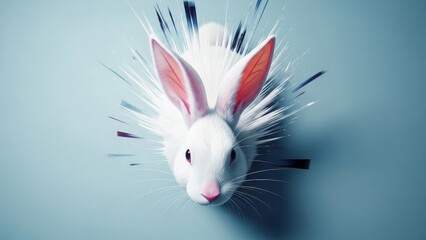 A fuzzy white rabbit head with pink ears and black eyes on a blue background with abstract black lines