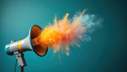 Megaphone emits explosion of vibrant orange and blue powder. Loud announcement, creative promotion, and impactful message broadcast. Attention grabbing concept.