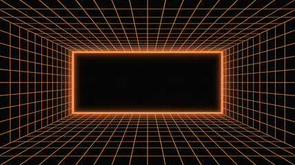 Futuristic neon lit grid tunnel with glowing orange rectangle