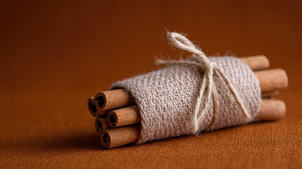 Cinnamon stick bundle twine burlap wrap rustic spice warm brown aromatic herb closeup macro cozy kitchen natural texture autumn cooking. Bundle of cinnamon sticks wrapped with twine textured