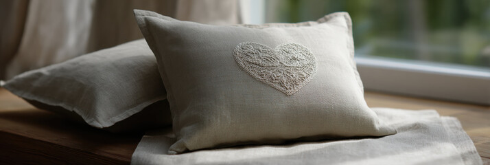 Linen pillow cover embroidered heart neutral color soft texture cozy home natural light minimalist style rustic decor handmade craft romantic mood adorns window seat with gentle warmth