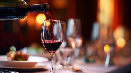 fermentation. Red wine being poured into a glass in a sophisticated dining setting. bar promotions, beverage menus, designed for food & beverage menus and cafe branding, enhances appetite appeal.
