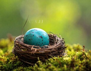 Obraz premium Blue Bird Egg in Nest on Moss.