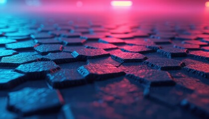 Abstract tech surface of hexagonal tile with glow light. Modern background with geometric pattern. Digital design, futuristic mosaic texture with neon illumination. Concept for crypto hud template.