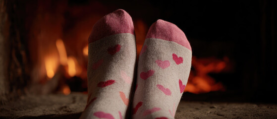 Cozy socks heart pattern pink heel soft cotton warm fireplace relaxing evening winter comfort romantic vibe home interior close up. Cozy socks with heart pattern, pink heel, soft cotton by warm