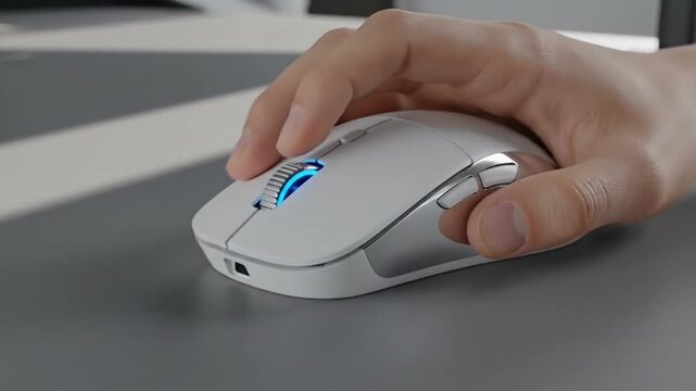 Close-up of a hand using a white wireless computer mouse with blue LED light.