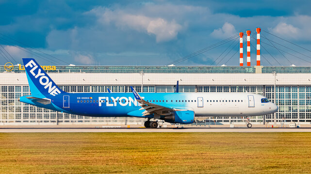 ER-00003 FLYONE Airbus A321-200 passenger jet airplane on a sunny summer day at Munich airport, MUC, Freising, Bavaria, Germany