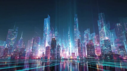 4K Futuristic smart city skyline at night with digital light trails and glowing buildings, modern metropolis, ai, big data, technology video