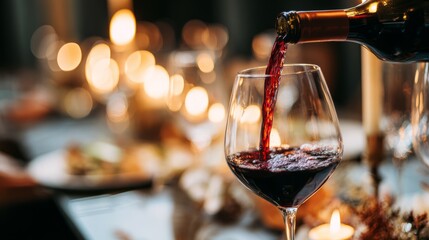 fermentation. Red wine being poured into a glass in a sophisticated dining setting. bar promotions, beverage menus, designed for food & beverage menus and cafe branding, enhances appetite appeal.
