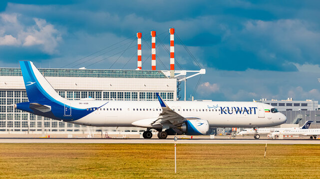 9K-AQB Kuwait Airways Airbus A321neo passenger jet airplane on a sunny summer day at Munich airport, MUC, Freising, Bavaria, Germany