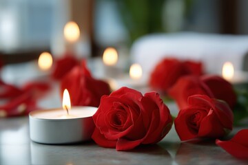 Fototapeta premium Romantic red roses and candlelight setting for intimate ambiance
