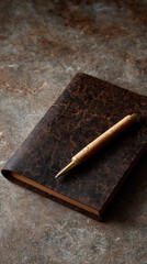 Vegan leather journal cork pen brown cover rustic texture minimalist stationery eco friendly sustainable material recycled paper brass accent soft light cozy mood desk surface flat lay writing