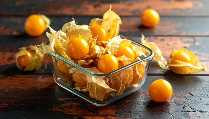 Cape gooseberries with husks in glass container on rustic dark wood surface