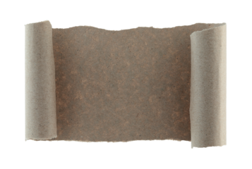 Torn kraft paper sheet with curled edges and flat center area, isolated on transparent background. Natural textured paper frame with copy space for design and branding