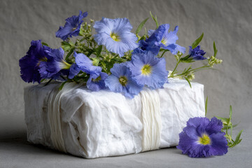 Blue flower bouquet linen texture handmade paper recycled gift wrap silk ribbon rustic package natural dye eco friendly soft light still life