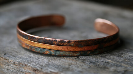 Rustic copper bracelet reclaimed metal patina finish handcrafted jewelry eco friendly recycled material minimalist cuff artisan design oxidized texture boho style evoking warmth and calm