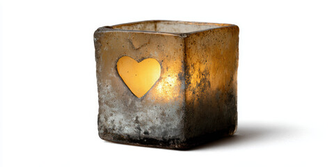 Recycled glass candle holder heart cutout tealight warm glow rustic square frosted vintage cozy romantic ambiance. Recycled glass candle holder with heart cutout casts warm glow, rustic square