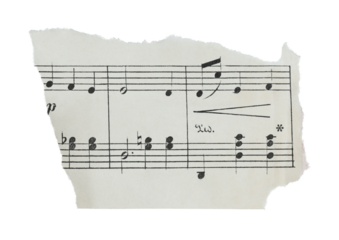 Small torn fragment of antique musical sheet isolated on transparent background. Vintage music paper detail suitable for design, collage, education, history, and creative layouts