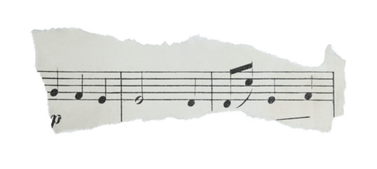Small torn fragment of antique musical sheet isolated on transparent background. Vintage music paper detail suitable for design, collage, education, history, and creative layouts