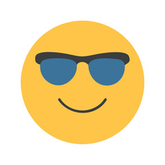 A cheerful yellow emoji face wearing stylish blue sunglasses, conveying a sense of coolness and calm Vector