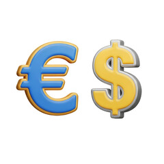 Euro and Dollar symbols 3D rendered with bright studio lighting on a white background for financial exchange.