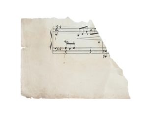 Small torn fragment of antique musical sheet isolated on transparent background. Vintage music paper detail suitable for design, collage, education, history, and creative layouts