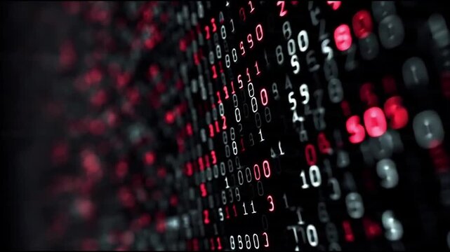 Digital Binary Code Stream Animation with Red and White Glowing Numbers and Symbols in Futuristic de