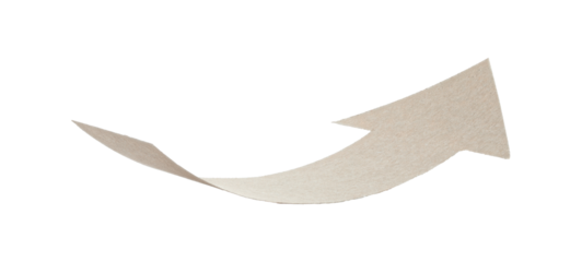 Arrow made from kraft paper, curved in an arc shape and isolated on transparent background. Minimal handmade paper element for design, navigation, banners, and layouts