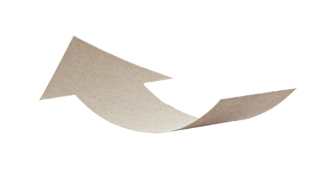 Arrow made from kraft paper, curved in an arc shape and isolated on transparent background. Minimal handmade paper element for design, navigation, banners, and layouts