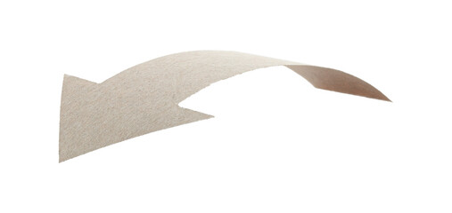 Arrow made from kraft paper, curved in an arc shape and isolated on transparent background. Minimal handmade paper element for design, navigation, banners, and layouts