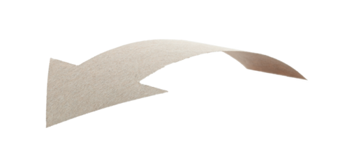 Arrow made from kraft paper, curved in an arc shape and isolated on transparent background. Minimal handmade paper element for design, navigation, banners, and layouts