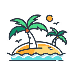 Tropical island with palm trees, sun, and sea waves in a colorful flat illustration style Vector