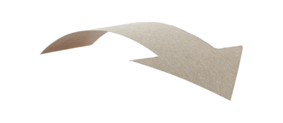 Arrow made from kraft paper, curved in an arc shape and isolated on transparent background. Minimal handmade paper element for design, navigation, banners, and layouts