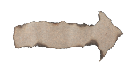 Burnt edge craft paper arrow isolated on transparent background. Handmade paper element for design, banners, infographics, and creative projects